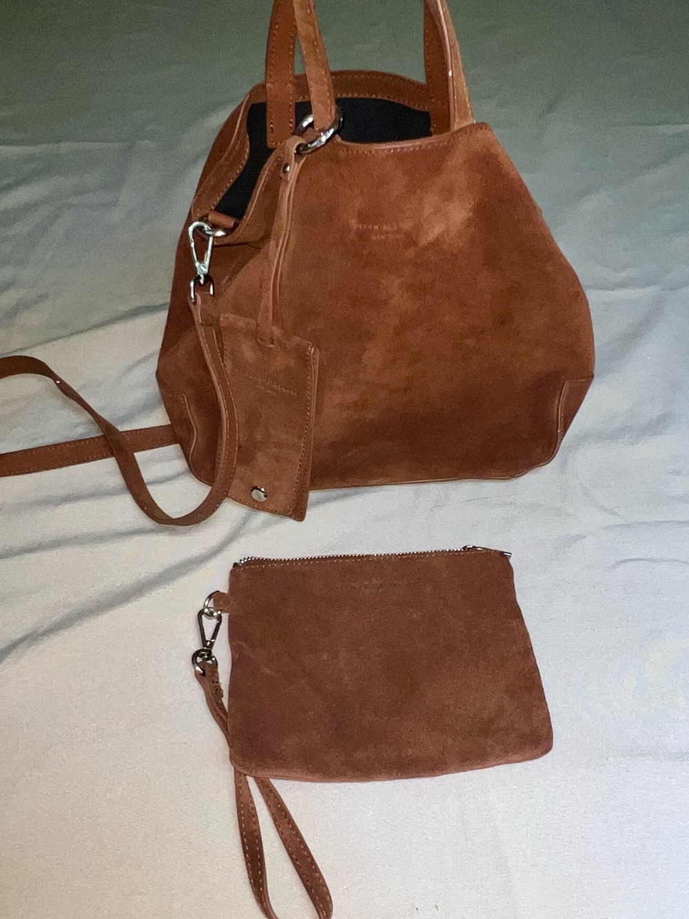Brown Suede Tote Bag with Wristlet